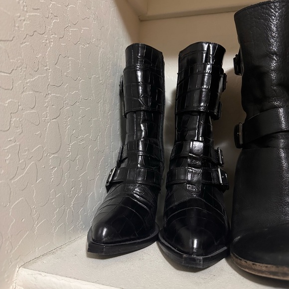 Pinko Lucciola Black Leather Croc Print Moto Boots - Picture 6 of 11